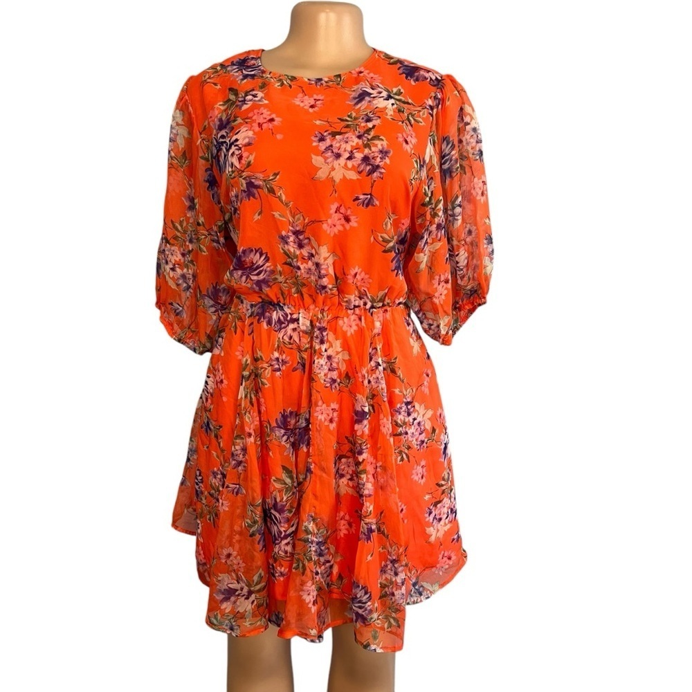Code x Mode Orange and Blue Floral Print Short Sleeve Belted Mini Dress